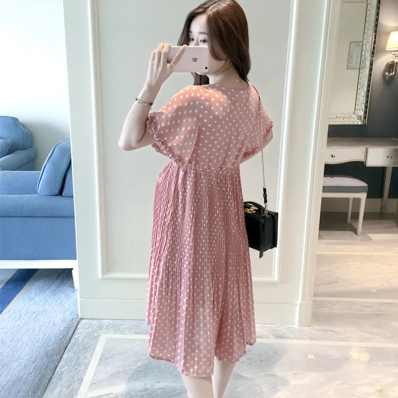 Women’s Polyester V-Neck Short Sleeves Dotted Maternity Dress