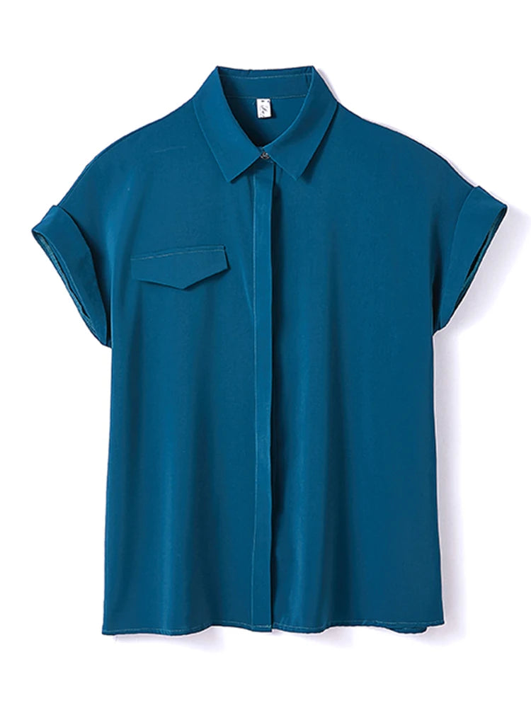 Women's Polyester Turn-Down Collar Short Sleeve Solid Blouse