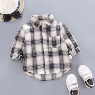 Kid's Cotton Turn-Down Collar Full Sleeve Plaid Pattern Shirt