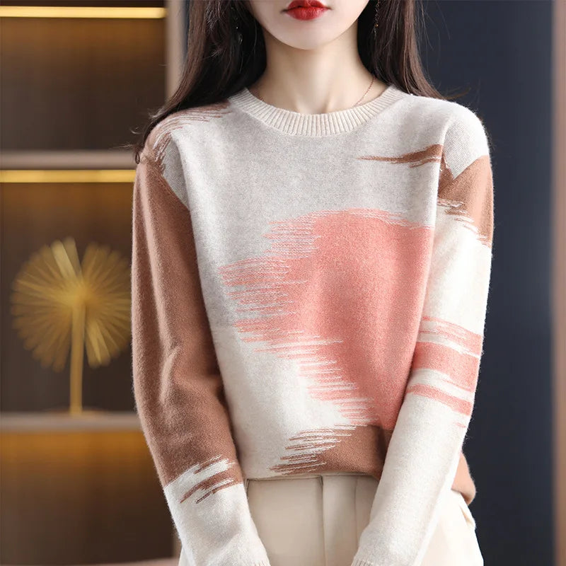 Women's Acetate O-Neck Full Sleeves Mixed Colors Pattern Sweater