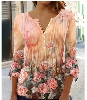 Women's Polyester V-Neck Long Sleeves Floral Pattern Mini Blouse