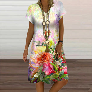 Women's Polyester V-Neck Short Sleeves Floral Pattern Dress