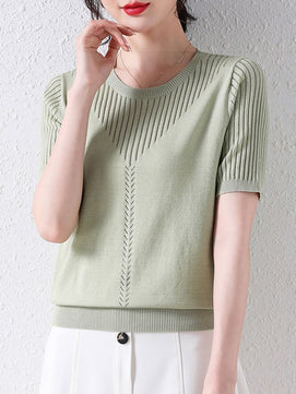 Women's Cotton O-Neck Short Sleeves Hollow Out Pullover Sweaters