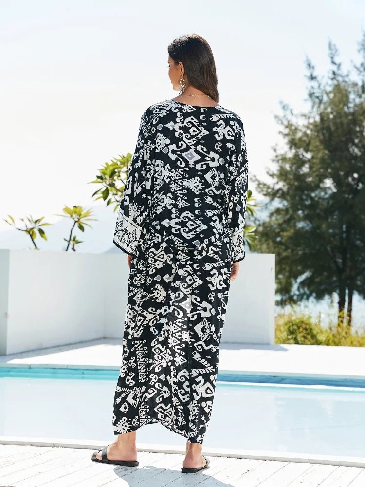 Women's Rayon Long Sleeves Printed Pattern Bathing Cover Up