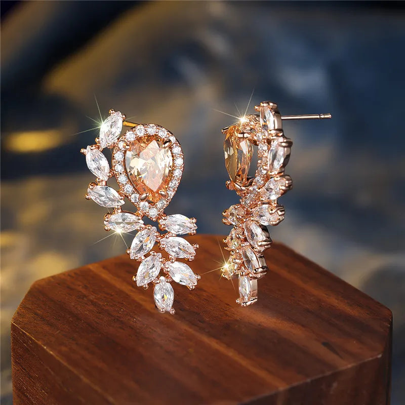 Women's Copper Cubic Zirconia Trendy Bridal Wedding  Stud Earrings