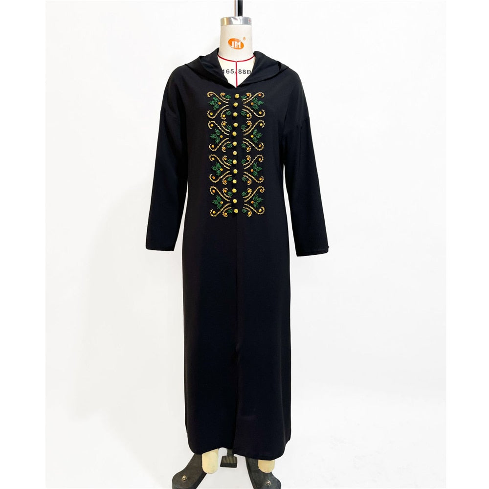 Women's Arabian Polyester Full Sleeves Hooded Beaded Dresses