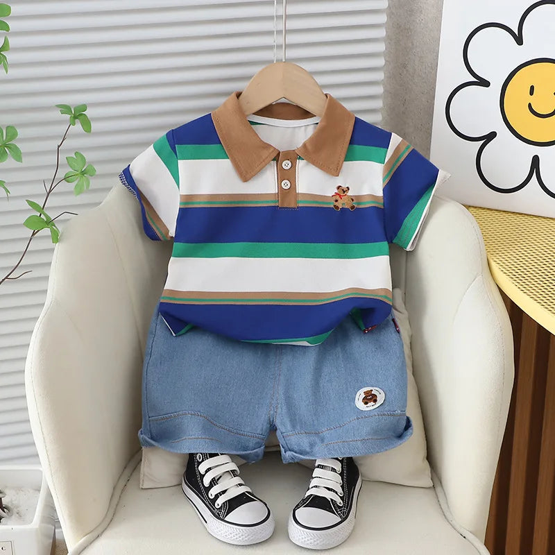 Baby Boy's Cotton Short Sleeves Striped Pattern Trendy Dress