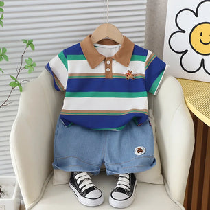 Baby Boy's Cotton Short Sleeves Striped Pattern Trendy Dress