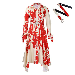 Women's Polyester Turn-Down Collar Long Sleeve Printed Party Dress