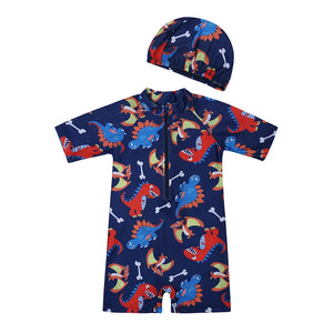 Kid's Boy Spandex Short Sleeve Printed Pattern Swimsuit With Cap