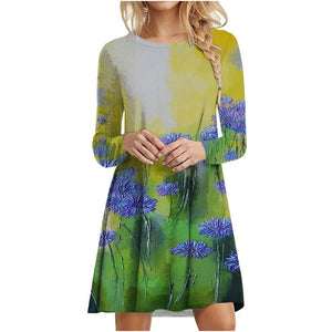 Women's Polyester O-Neck Long Sleeves Mini Casual Floral Dress