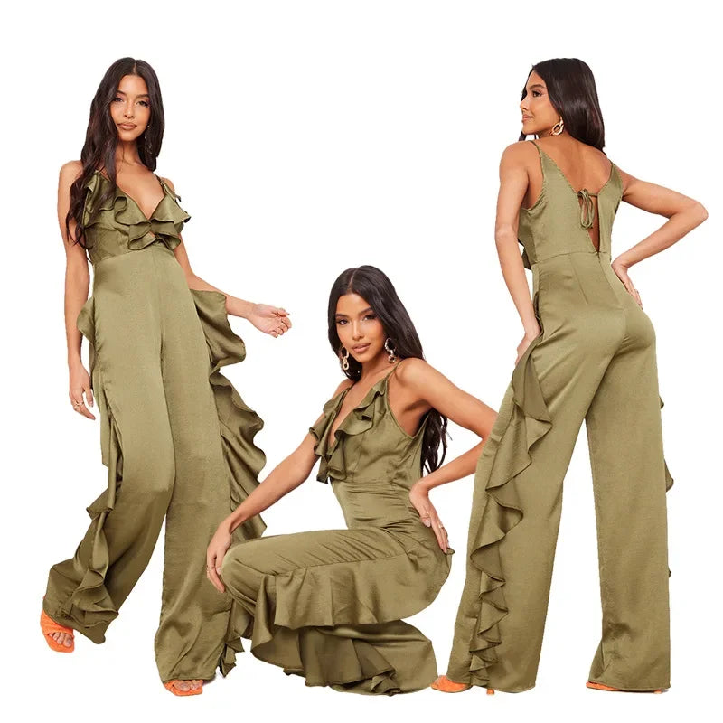 Women's Polyester V-Neck Sleeveless Ruffle Pattern Jumpsuit