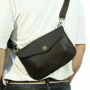 Men's Genuine Leather Zipper Closure Solid Pattern Shoulder Bag