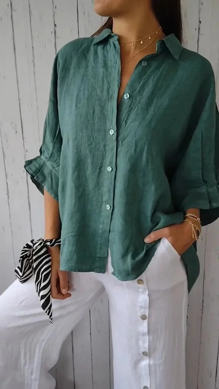 Women's Polyester Turn-Down Collar Long Sleeves Solid Blouse