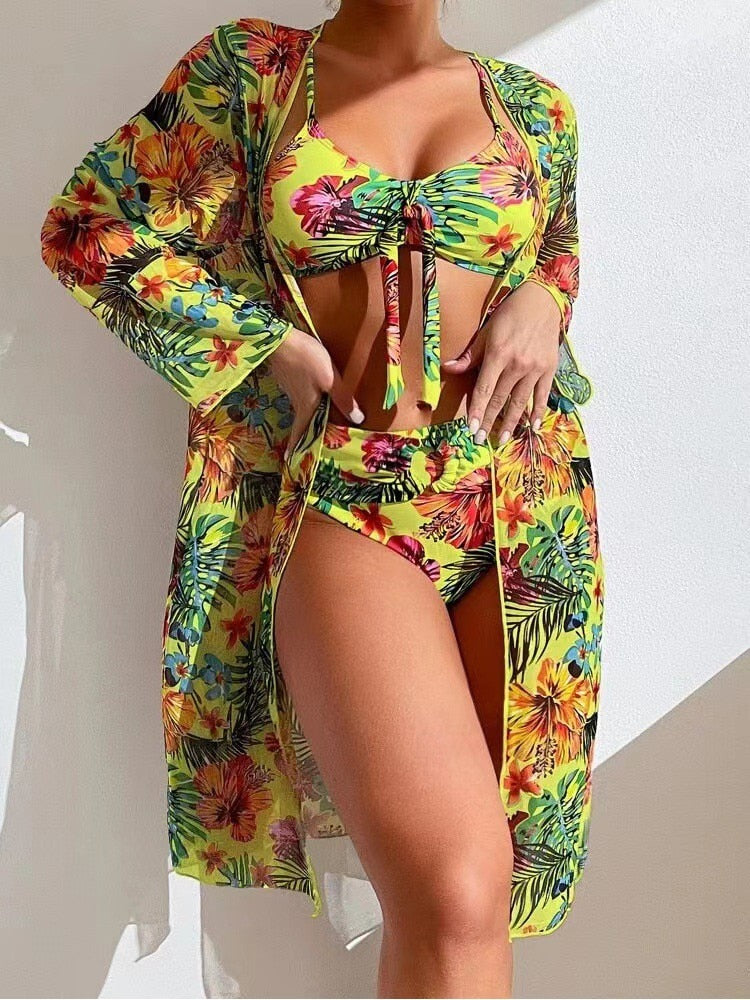 Women's Spandex High Waist Floral Pattern Swimwear Bikini Set