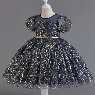 Kid's Cotton Short Sleeve Knee-Length Sequined Pattern Dress