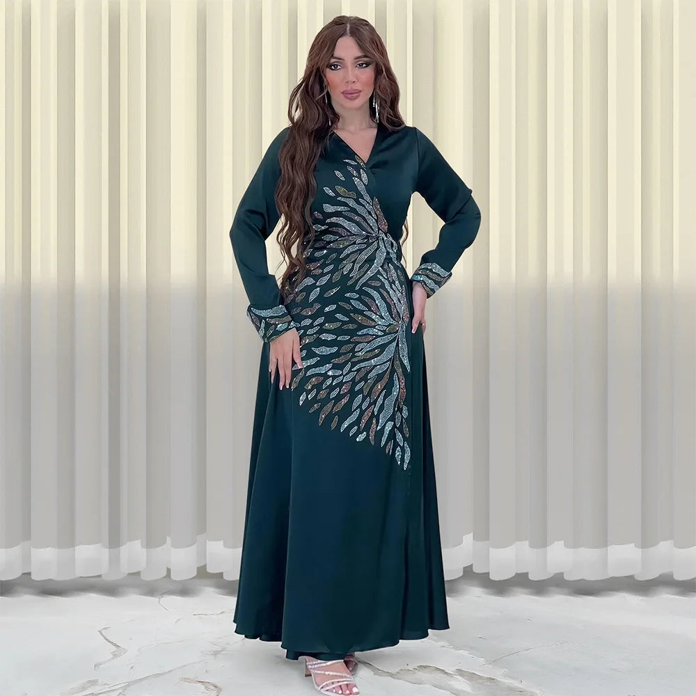 Women's Arabian Polyester Full Sleeve Rhinestone Elegant Dress