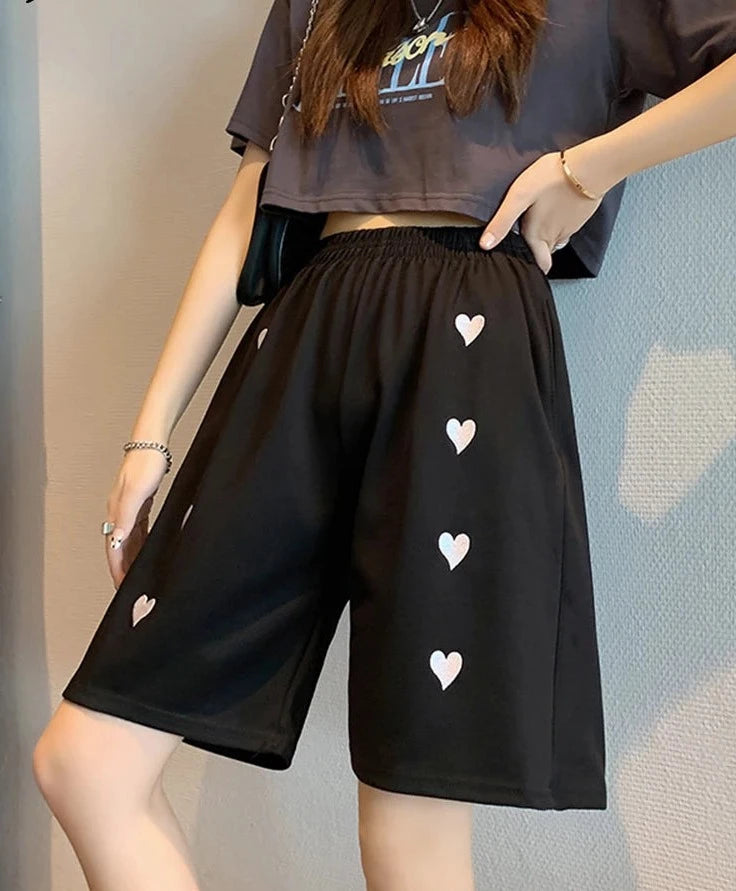 Women's Cotton High Elastic Waist Casual Heart Pattern Shorts