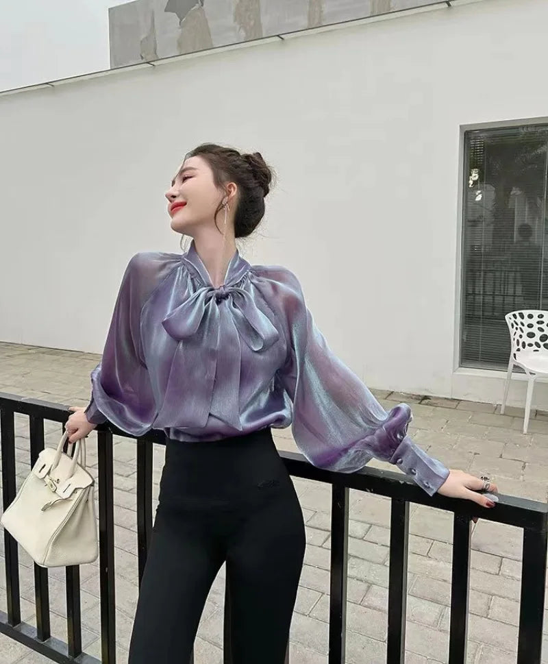 Women's Polyester Bow Collar Long Sleeves Solid Pattern Blouse