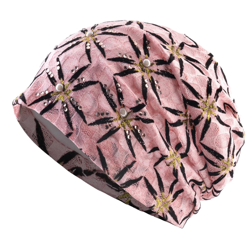 Women's Cotton Skullies Beanies Floral Pattern Double Layer Cap