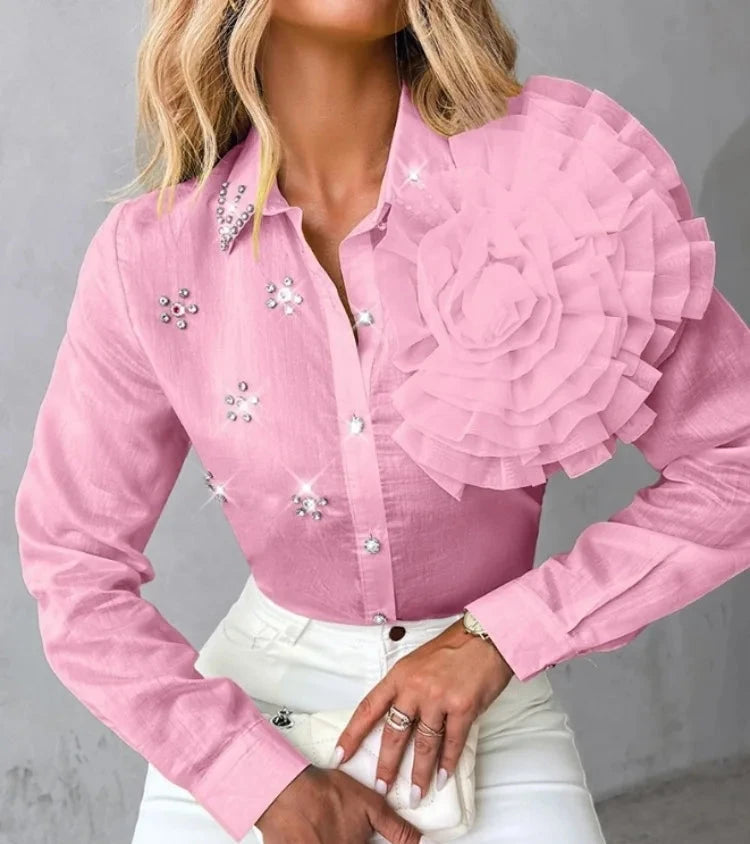 Women's Polyester Turn-Down Collar Long Sleeves Floral Blouse