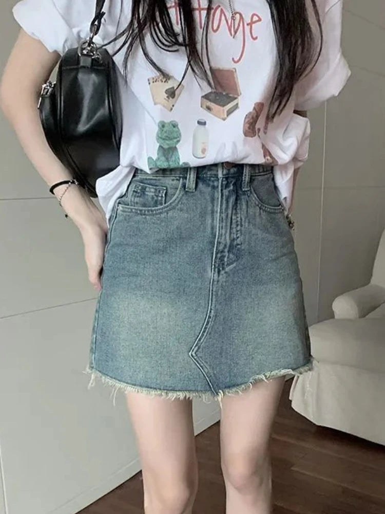 Women's Polyester High Waist Solid Pattern Casual Denim Skirts