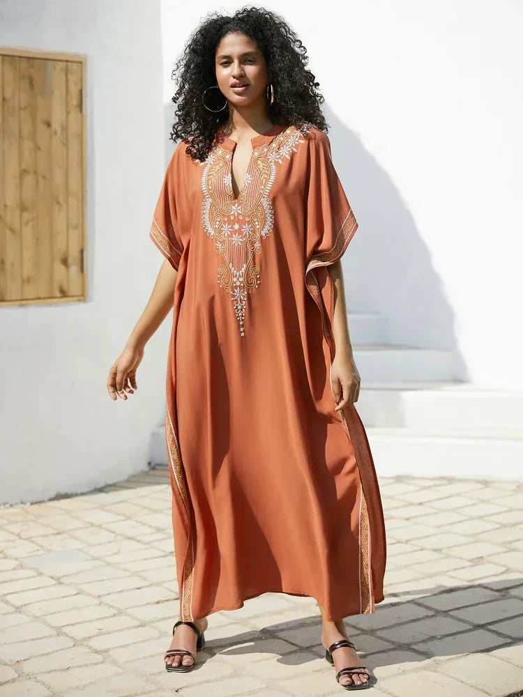 Women's Polyester V-Neck Short Sleeve Embroidered Maxi Dress