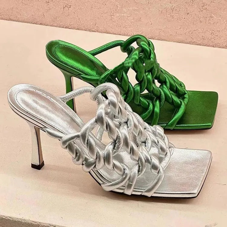 Women's Microfiber Square Toe Slip-On High Heels Wedding Sandals