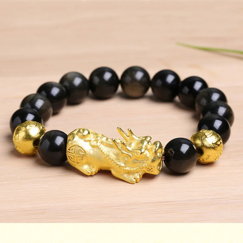 Men's Stone Round Pattern Bezel Setting Ethnic Pixiu Bracelet