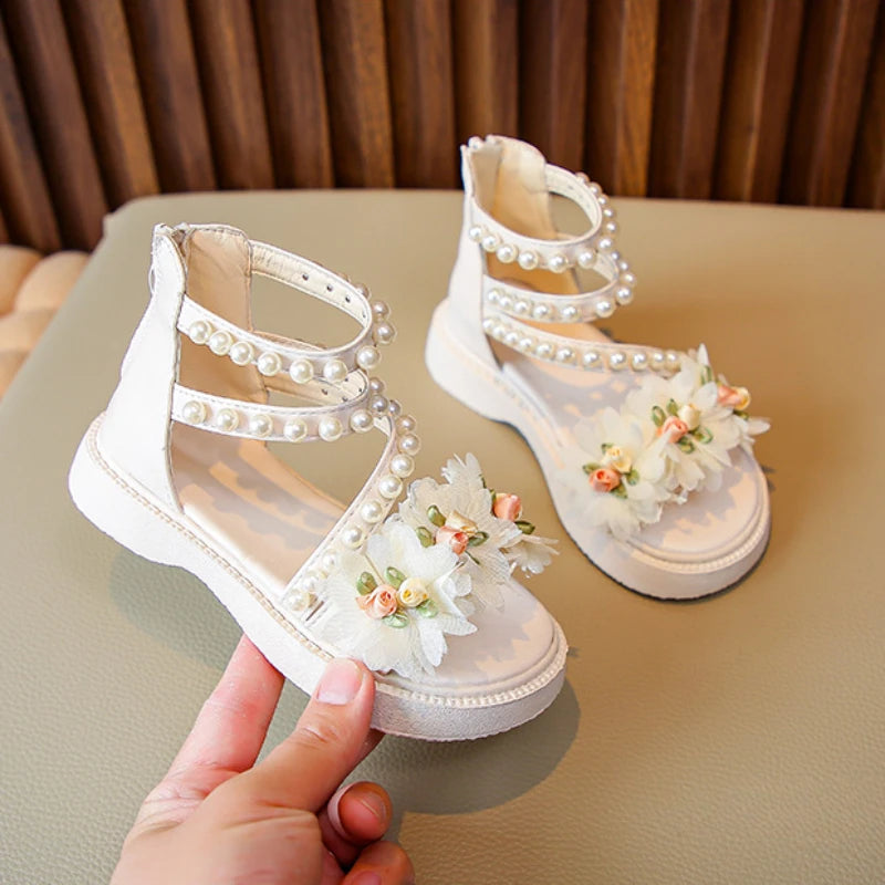 Kid's Synthetic Open Toe Beaded Pattern Hook Loop Closure Sandals