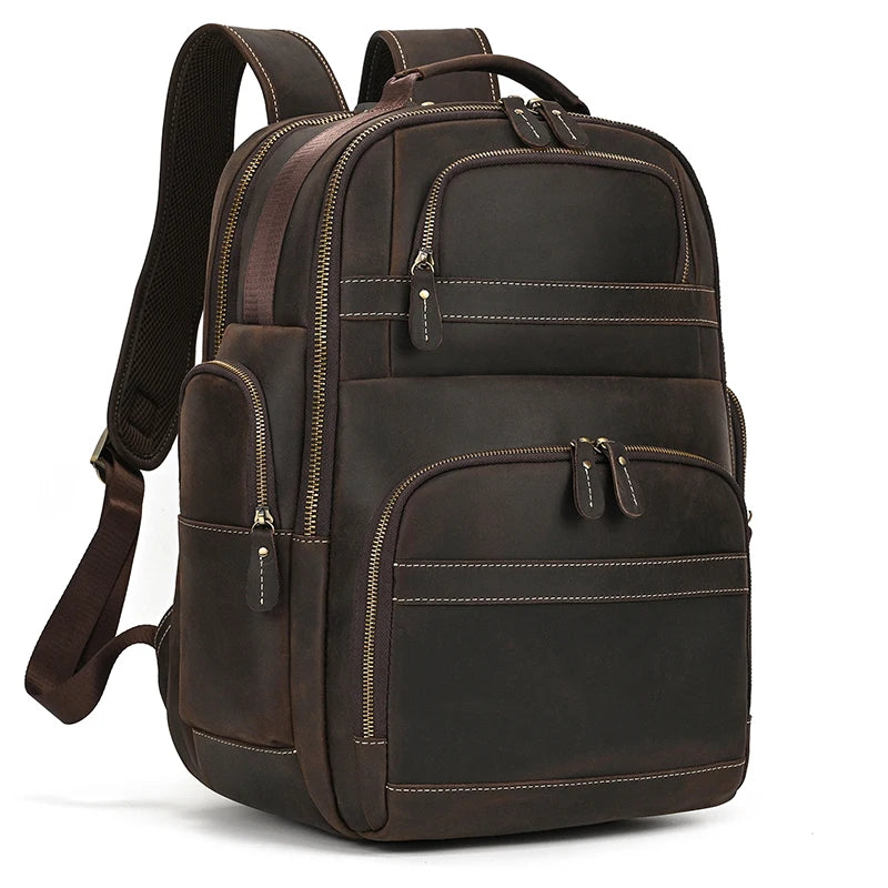 Men's Genuine Leather Zipper Closure Solid Pattern Backpack