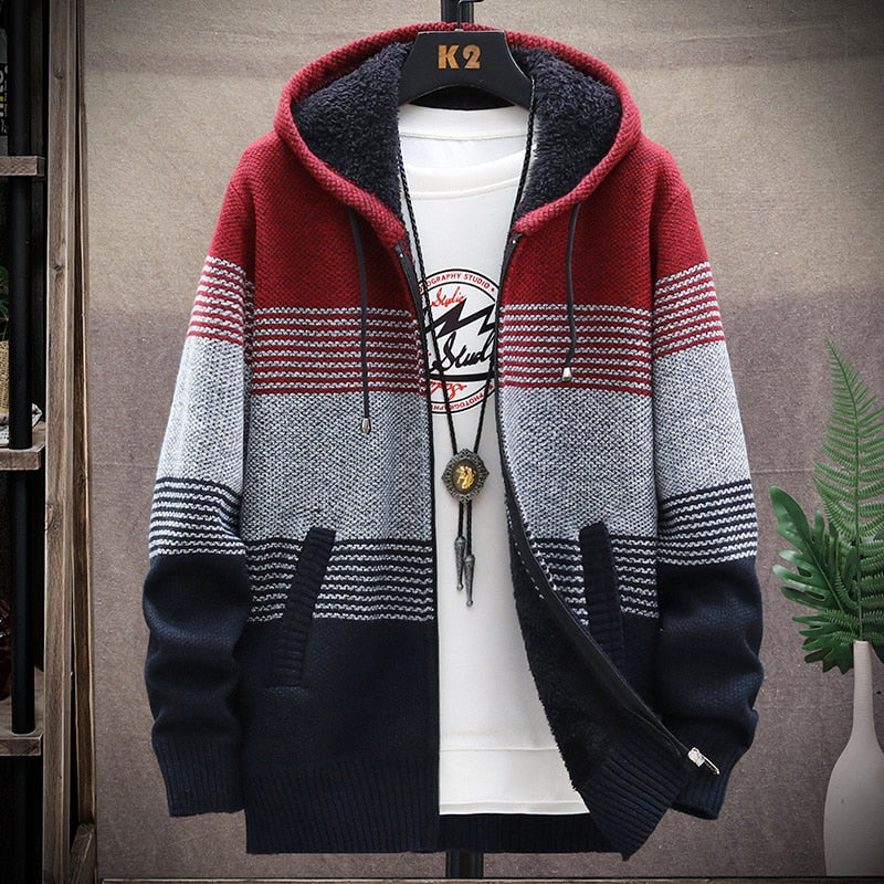 Men's Wool Full Sleeves Zipper Closure Hooded Striped Jacket