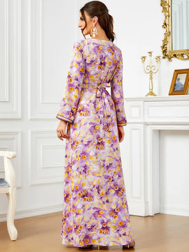 Women's Arabian Polyester Full Sleeves Floral Pattern Dress