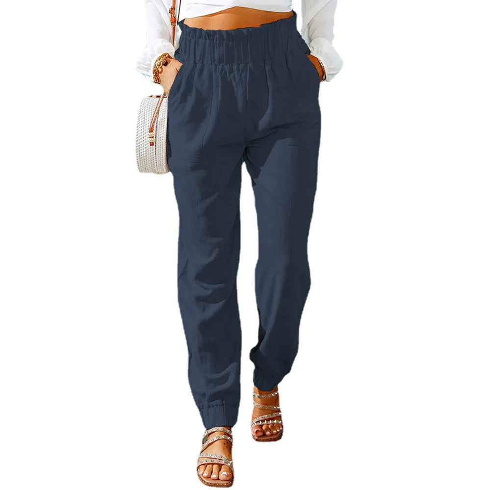 Women's Polyester Mid Waist Elastic Closure Casual Denim Trousers