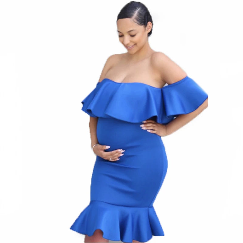 Women's Polyester Shoulderless Short Sleeve Solid Maternity Dress