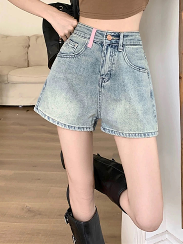 Women's Polyester High Waist Button Fly Casual Plain Denim Shorts