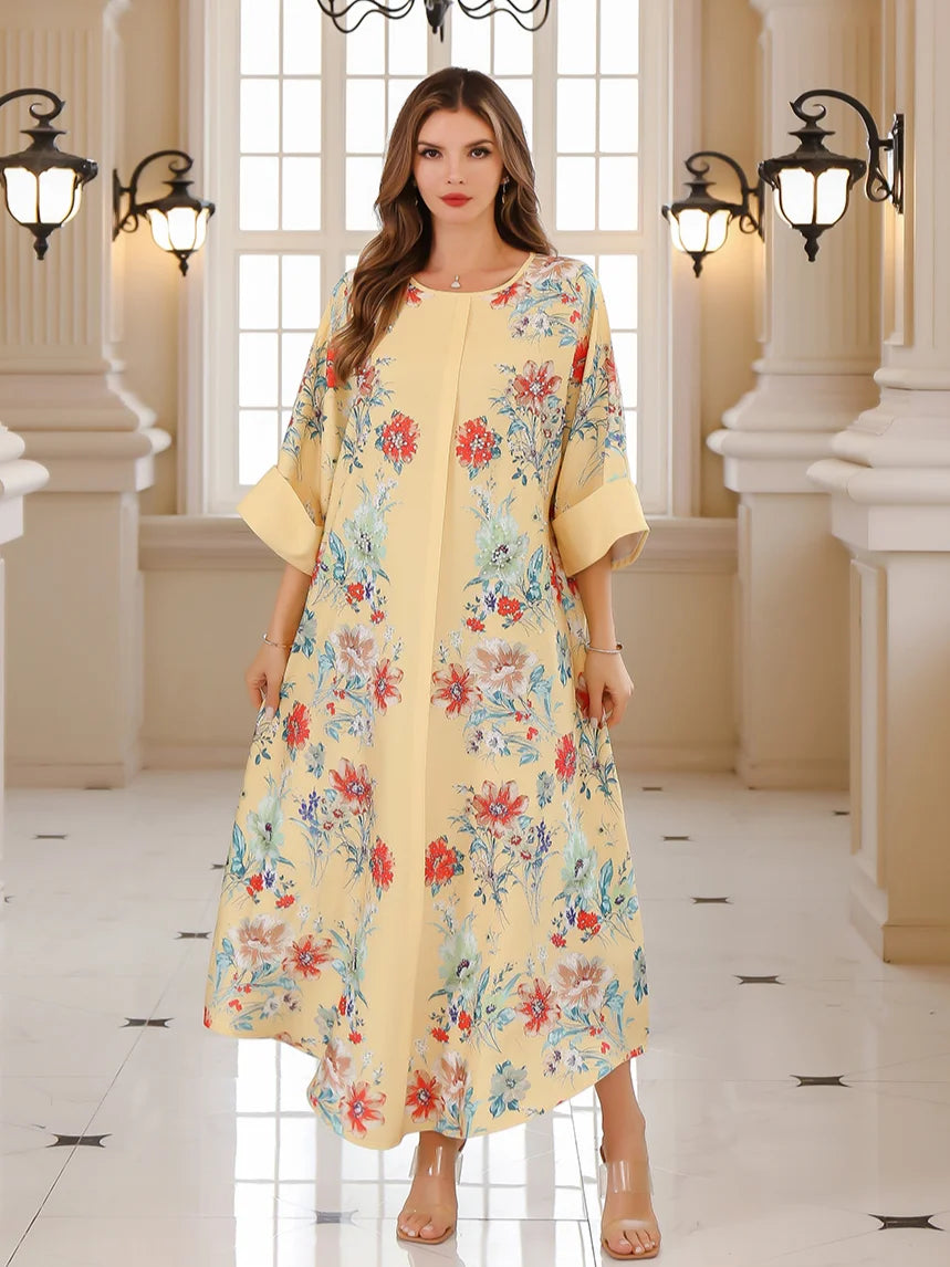 Women's Arabian Polyester Full Sleeves Floral Pattern Dress