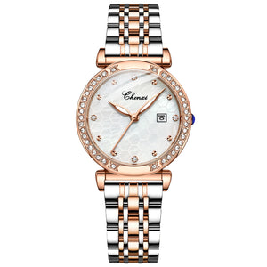 Women's Stainless Steel Buckle Clasp Luxury Quartz Round Watch