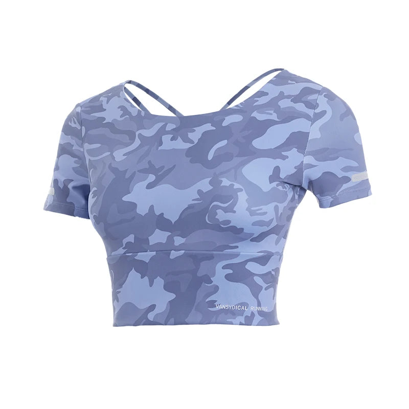 Women's Nylon Short Sleeves Camouflage Pattern Yoga Fitness Tops