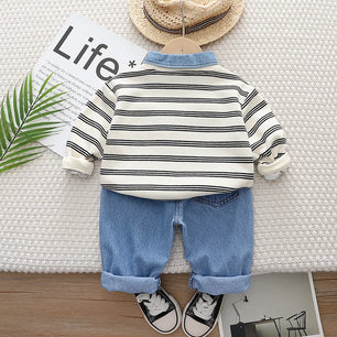 Kid's Cotton Long Sleeve Single Breasted Pullover Striped Clothes