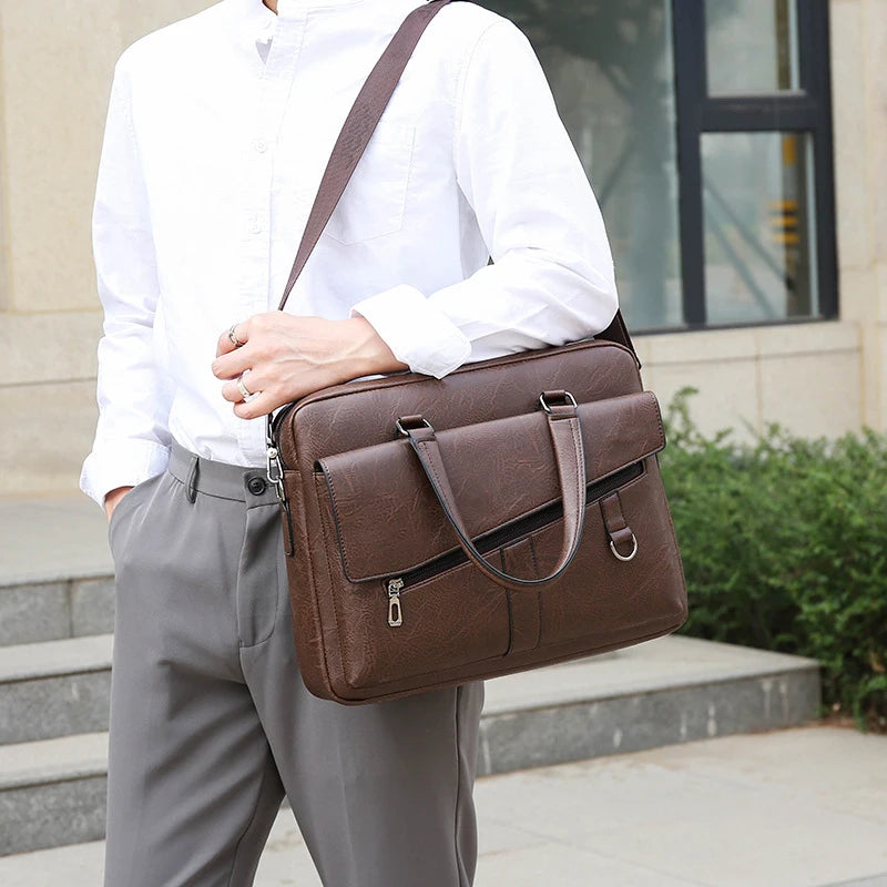 Men's PU Leather Zipper Closure Solid Pattern Elegant Shoulder Bag