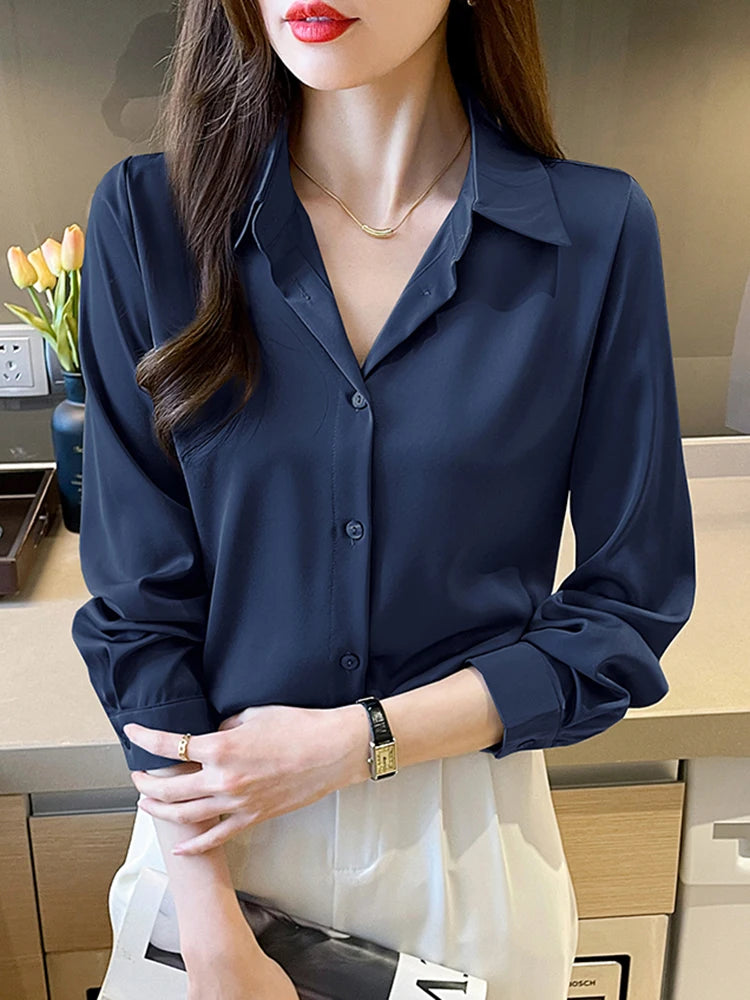 Women's Acetate Turn-Down Collar Long Sleeve Casual Wear Blouse