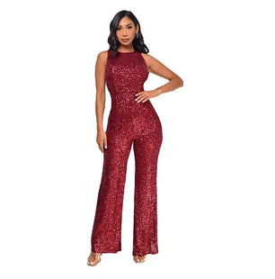 Women's Polyester O-Neck Sleeveless Sequined Pattern Jumpsuit