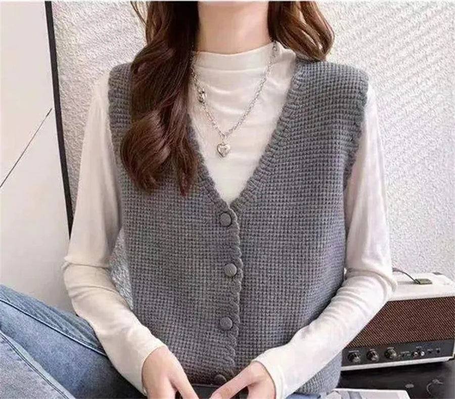 Women's Acrylic V-Neck Solid Pattern Single Breasted Sweater