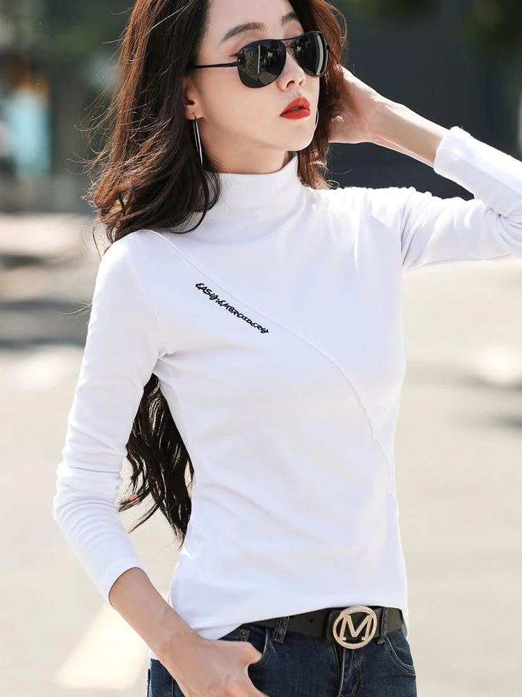 Women's Cotton Turtleneck Long Sleeve Solid Casual Wear Blouse