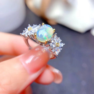 Women's 925 Sterling Silver Opal Geometric Shape Vintage Ring