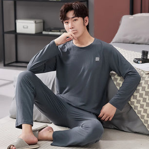 Men's Cotton O-Neck Long Sleeves Trendy Sleepwear Pajamas Set