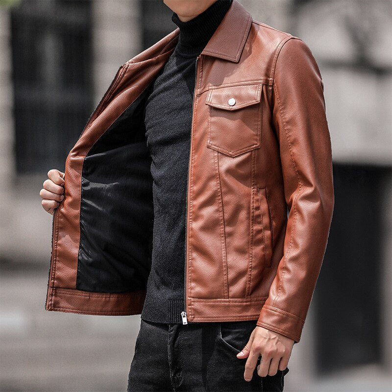 Men's Faux Leather Turn Down Collar Long Sleeve Zipper Jacket