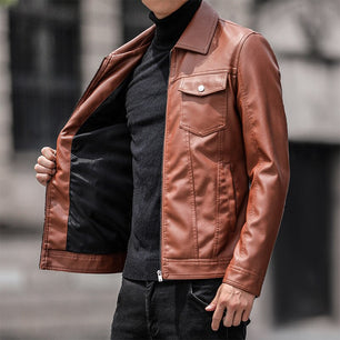 Men's 100% Faux Leather Turn Down Collar Zipper Closure Jacket