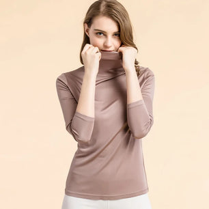 Women's Silk Turtleneck Long Sleeve Solid Pattern Casual Tops